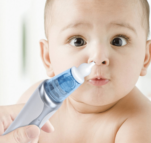 using a nasal aspirator on a baby